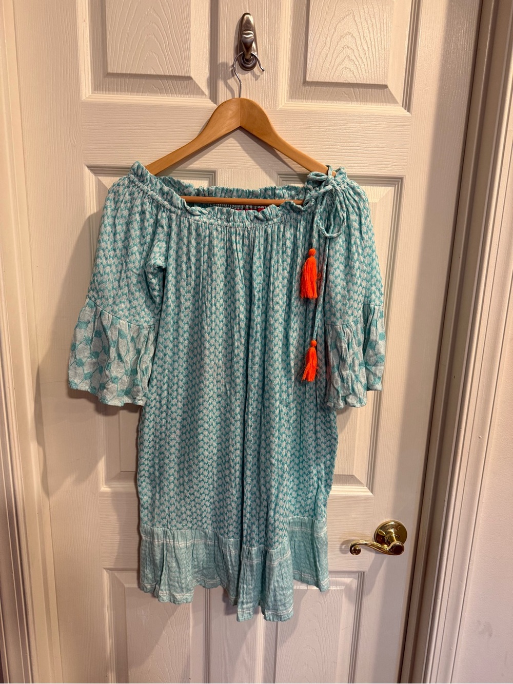 Aqua Patterned Off-Shoulder Peasant Tunic with Orange Tassels